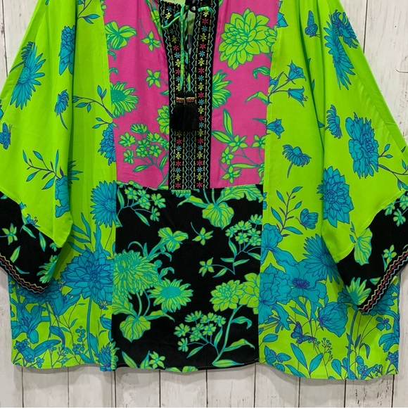 John Mark Embroidered Boho Top Women 2X Tassel Floral Multicolor Kimono Sleeve - Picture 5 of 15